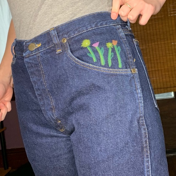 Dark Wash High Waisted Hand Painted Mom Jeans - Picture 3 of 6